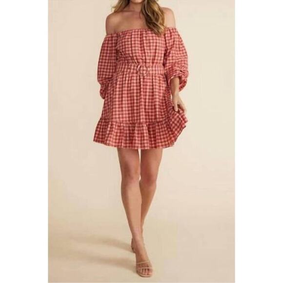 MINKPINK Cora mini plaid dress in blush/rust puff sleeves - Picture 3 of 15